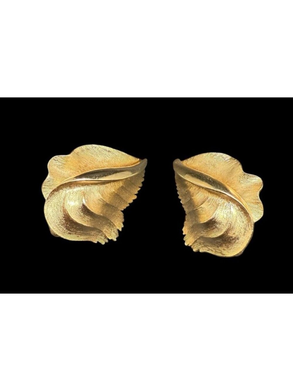 Crown Trifari Clip On Earrings Brushed Gold Tone Floral Leaf Signed